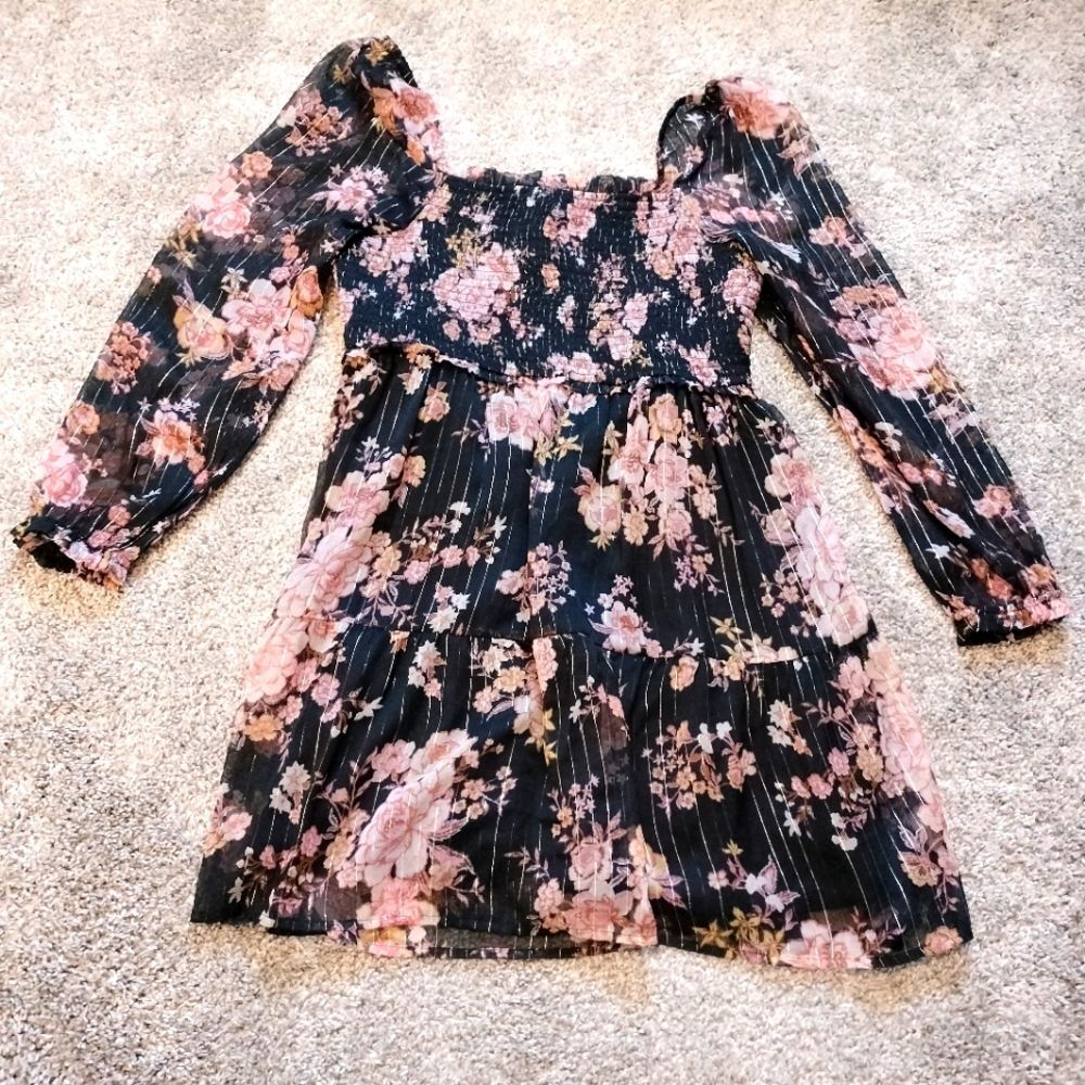 American Eagle Women's Black And Pink Floral Cottagecore Peasant Mini Dress Sz s